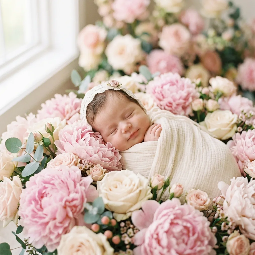 Adorable baby girl sleeping peacefully on a bed of pink peonies, soft bokeh background, pastel dreamy tones.
