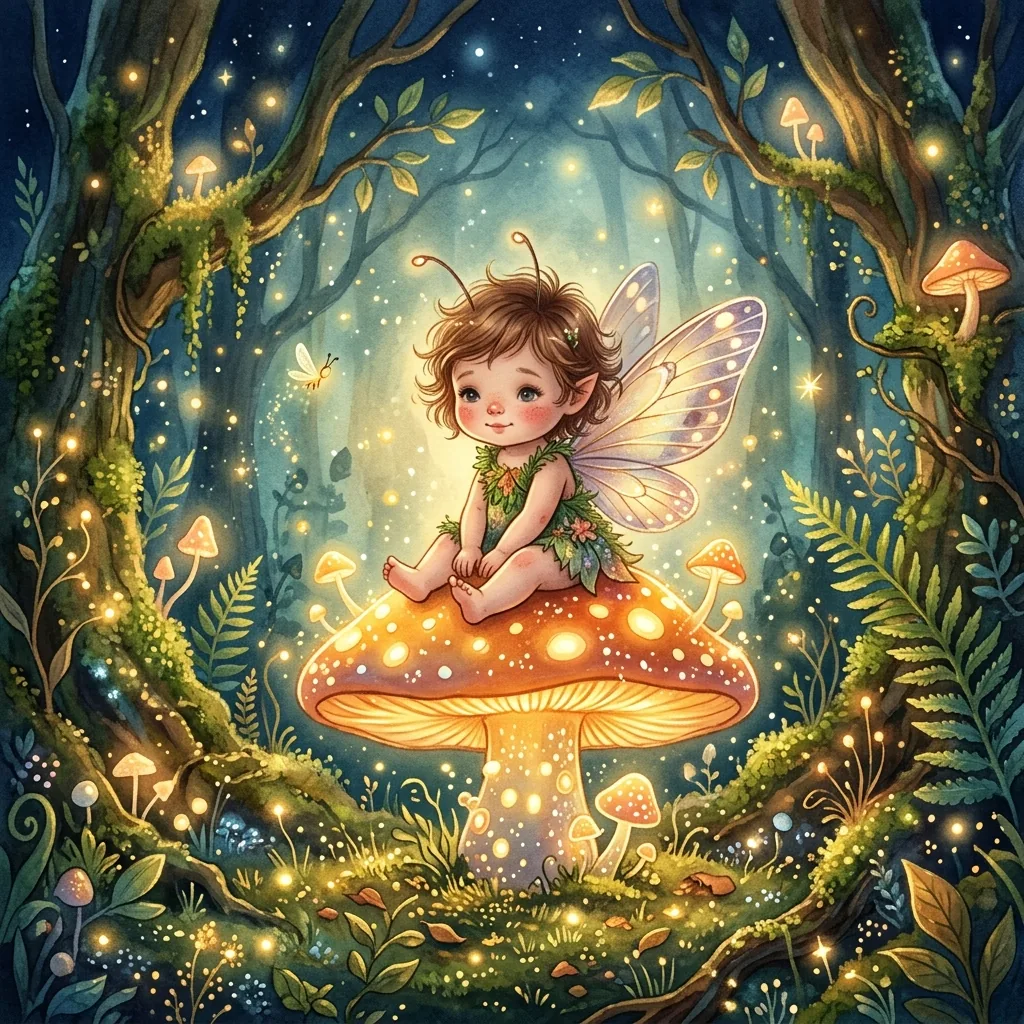 A magical baby fairy with tiny wings resting on a glowing mushroom in an enchanted forest, storybook illustration style.