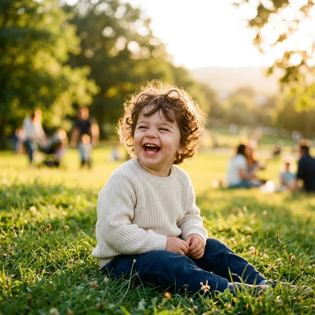 Happy toddler with curly brown hair laughing in a sunny park, candid natural photography style, golden hour.