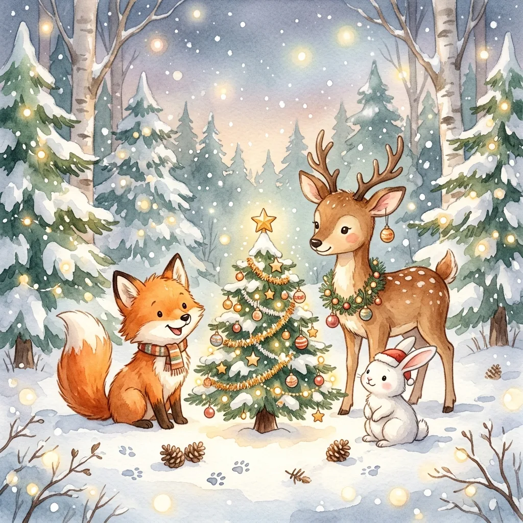 Adorable woodland animals — a fox, deer, and rabbit — gathered around a tiny Christmas tree in a snowy forest, cozy watercolor illustration.