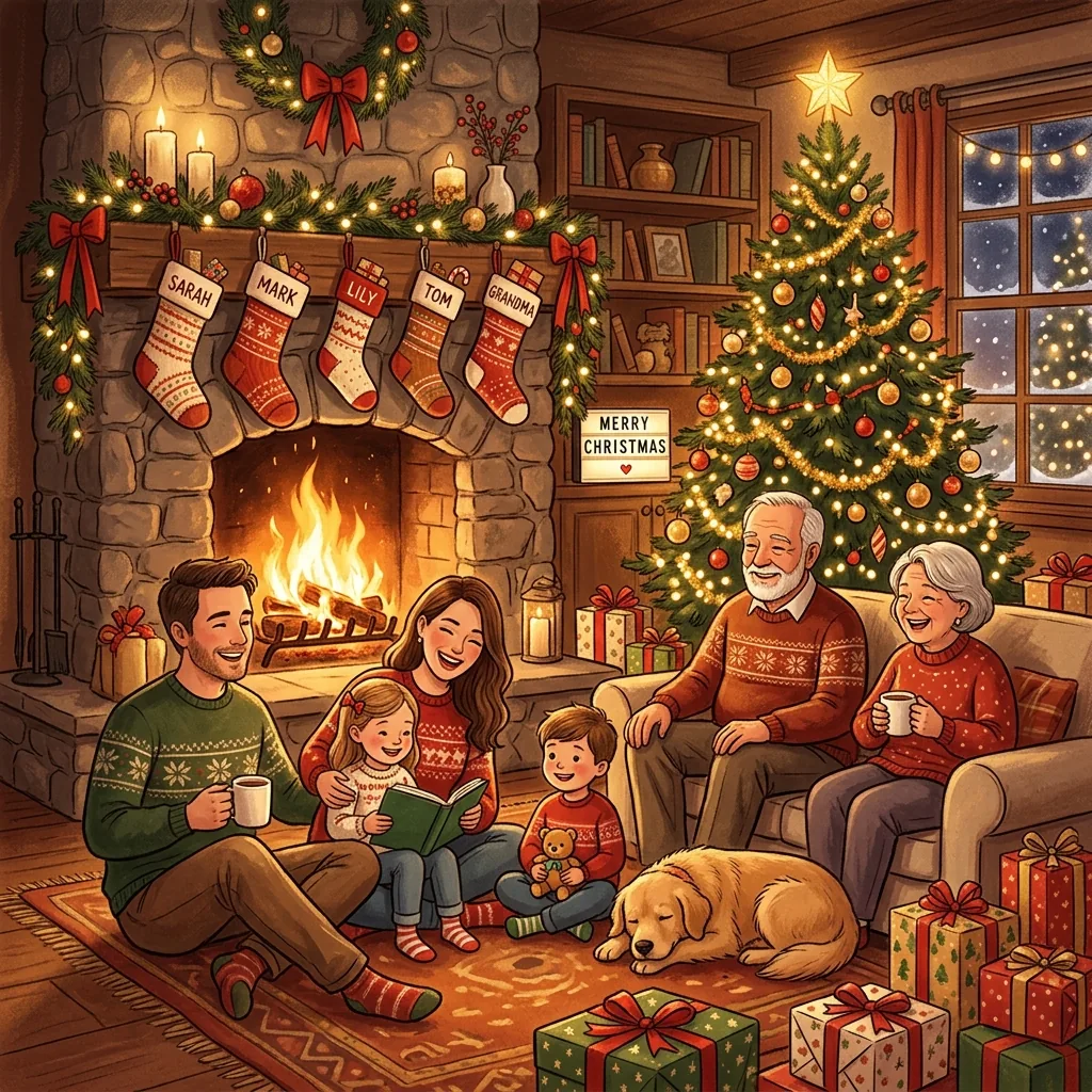 A cozy family by a crackling fireplace with stockings hung, Christmas tree sparkling in the background, warm holiday card.