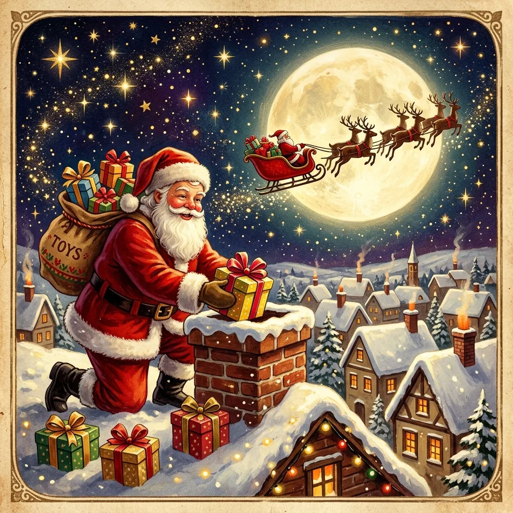 Santa Claus delivering gifts on a snowy rooftop under stars, vintage holiday postcard illustration, red and gold color palette.