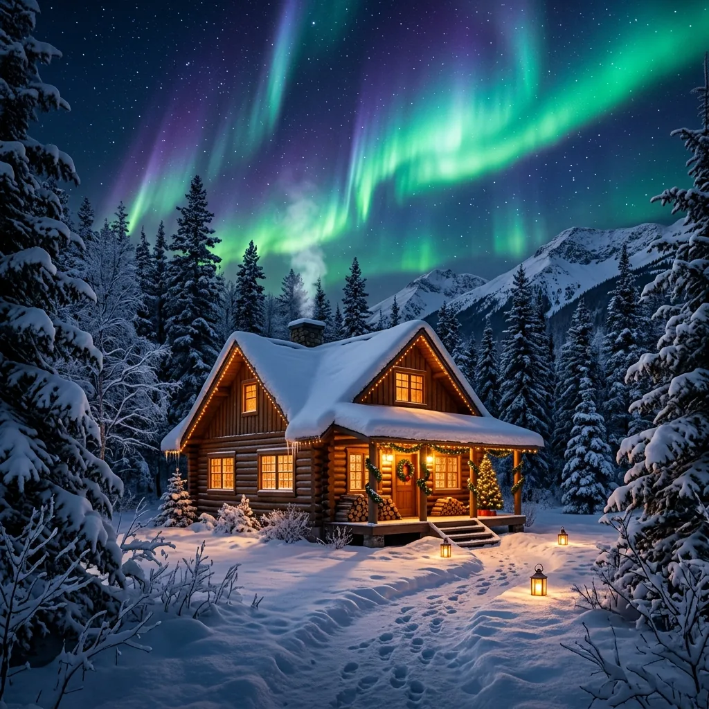 A snowy mountain cabin glowing under a spectacular aurora borealis, photorealistic Christmas card scene.