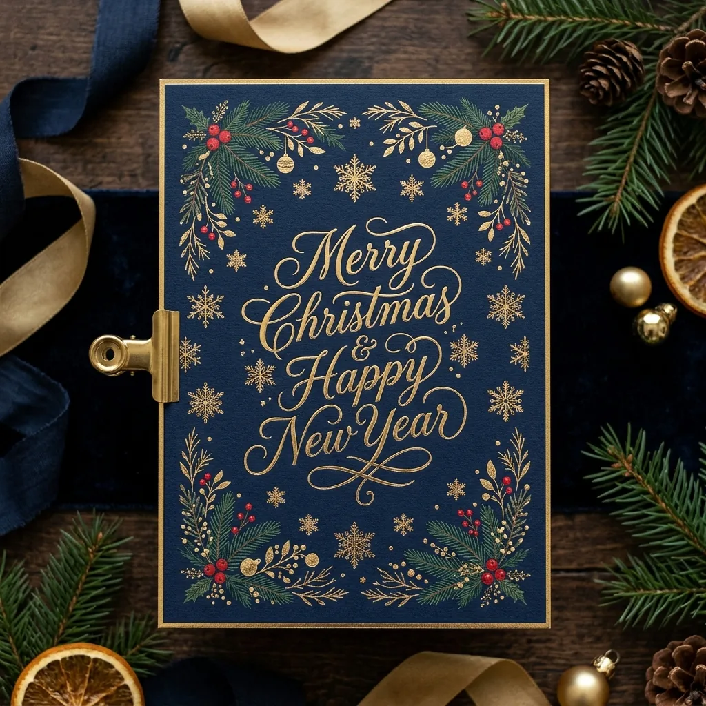 Elegant Christmas card with gold foil "Merry Christmas" typography, pine branches, red berries, snowflakes on midnight navy.