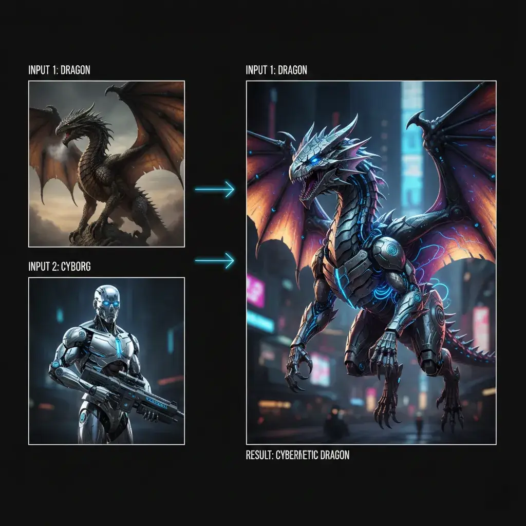 AI image combiner creating a cyborg dragon interface design layout