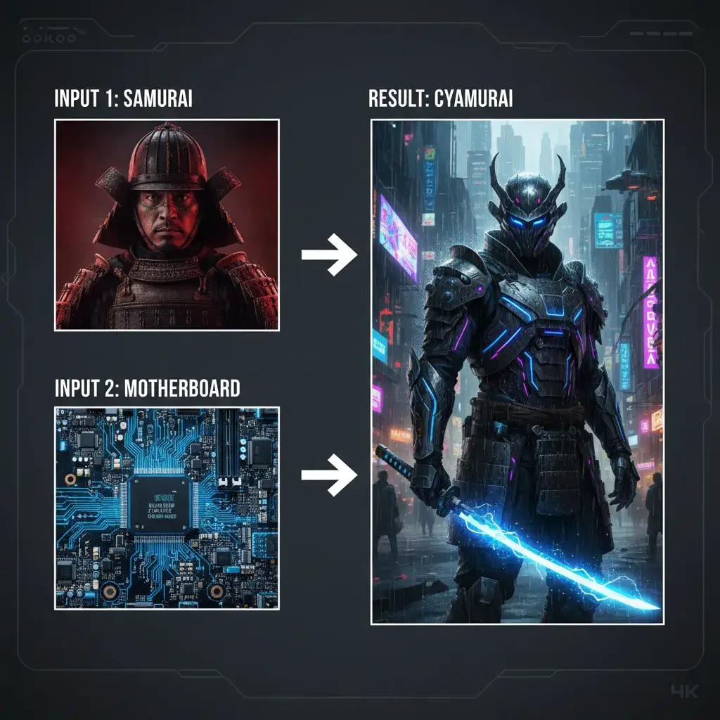Cyber samurai neon fusion generated with AI image combiner tool