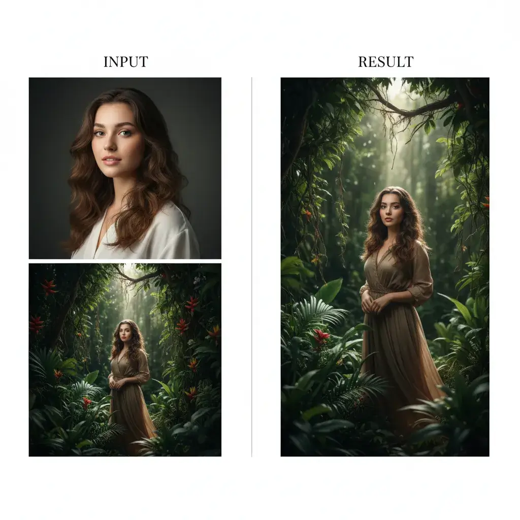 AI photo mixer creating a seamless double exposure of a woman and lush jungle scenery