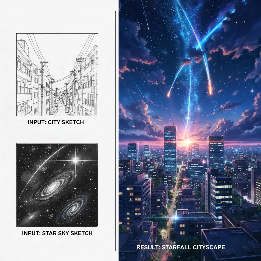 Anime image merger creating Makoto Shinkai style cityscape and starry night sky