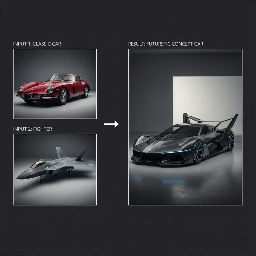 Futuristic car design combining a classic car and a fighter jet using AI mixer