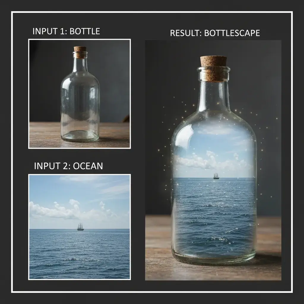 Surreal AI art generator conceptualizing a ship in a bottle amidst an ocean storm