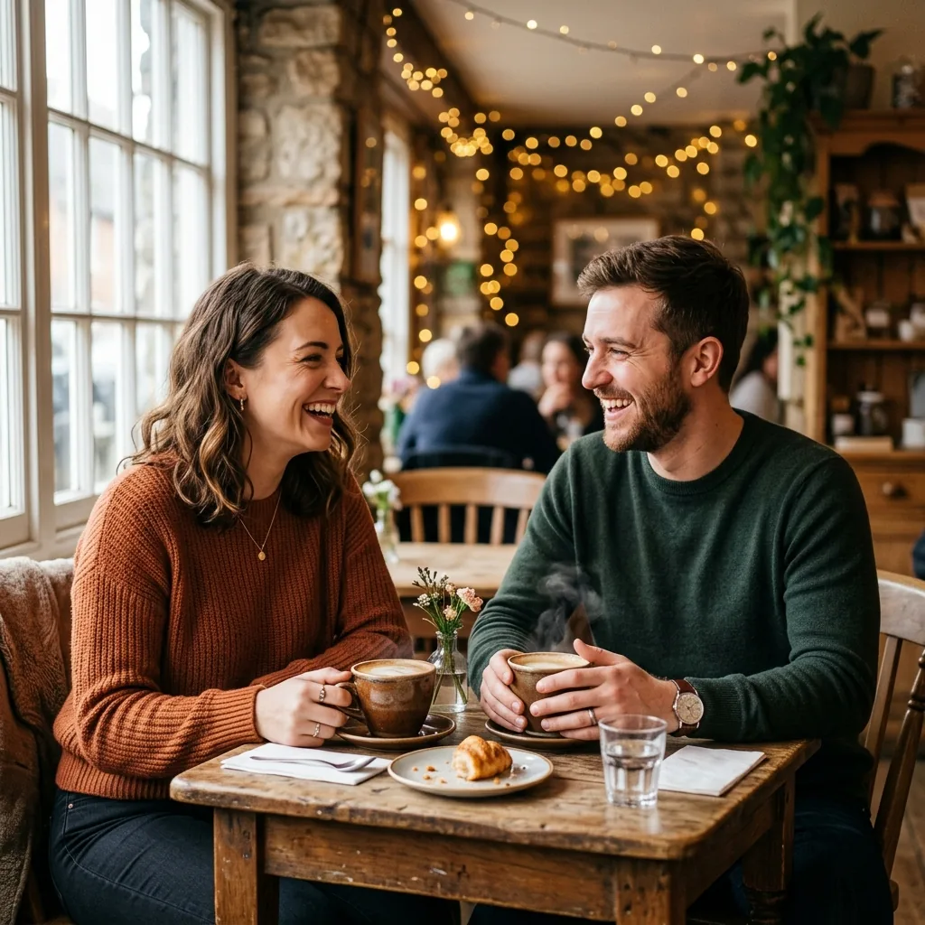 A couple sharing coffee and laughing together in a cozy rustic café, warm bokeh lights, natural window light.