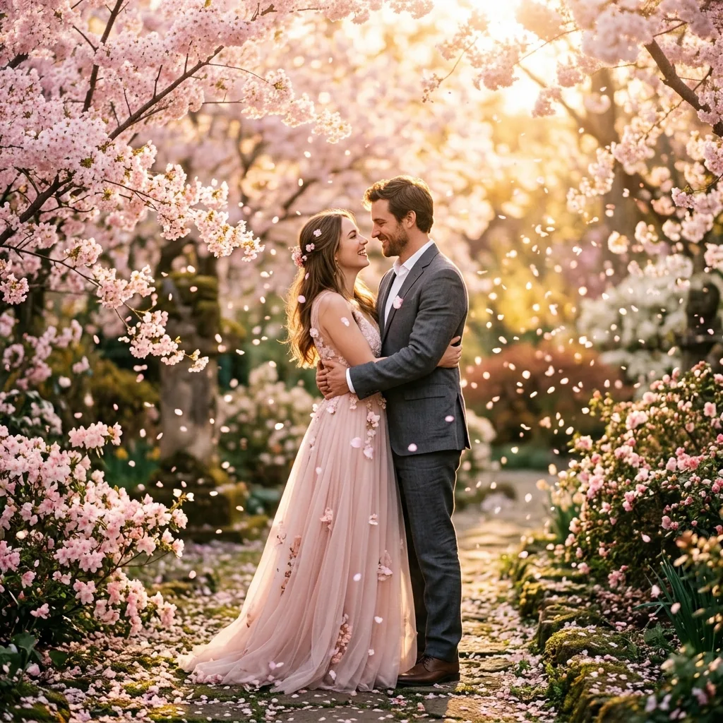 A couple in a dreamy cherry blossom garden, soft pink petals, golden hour, fine art portrait photography.