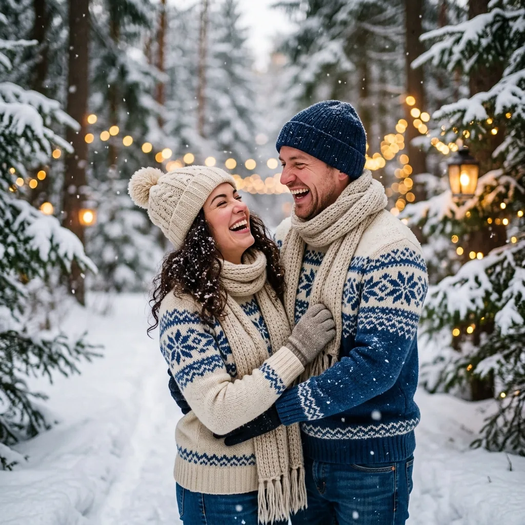 A couple laughing together in a snowy forest, cozy knit outfits, snowflakes falling, candid natural style.