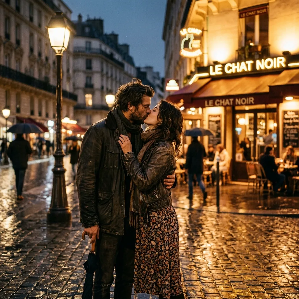 A stylish couple kissing on a rainy Paris street at night, glowing café lights in the background, romantic film photography style.