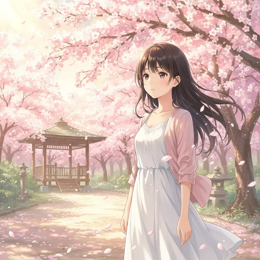 Beautiful anime girl in cherry blossom garden, Makoto Shinkai style, warm spring sunlight
