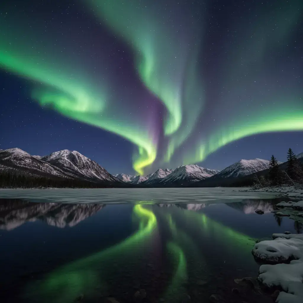 Majestic northern lights aurora borealis over snow-covered mountains, vivid colors reflecting in a frozen lake