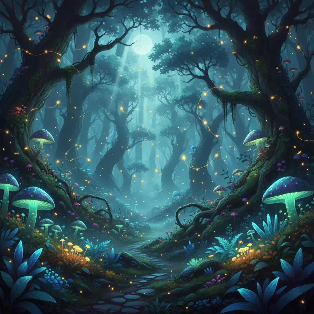 Magical enchanted forest with bioluminescent mushrooms and glowing fireflies, fantasy art
