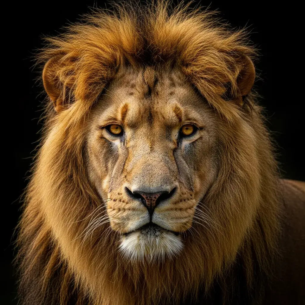 Majestic lion portrait with golden mane, dramatic studio lighting, wildlife photography