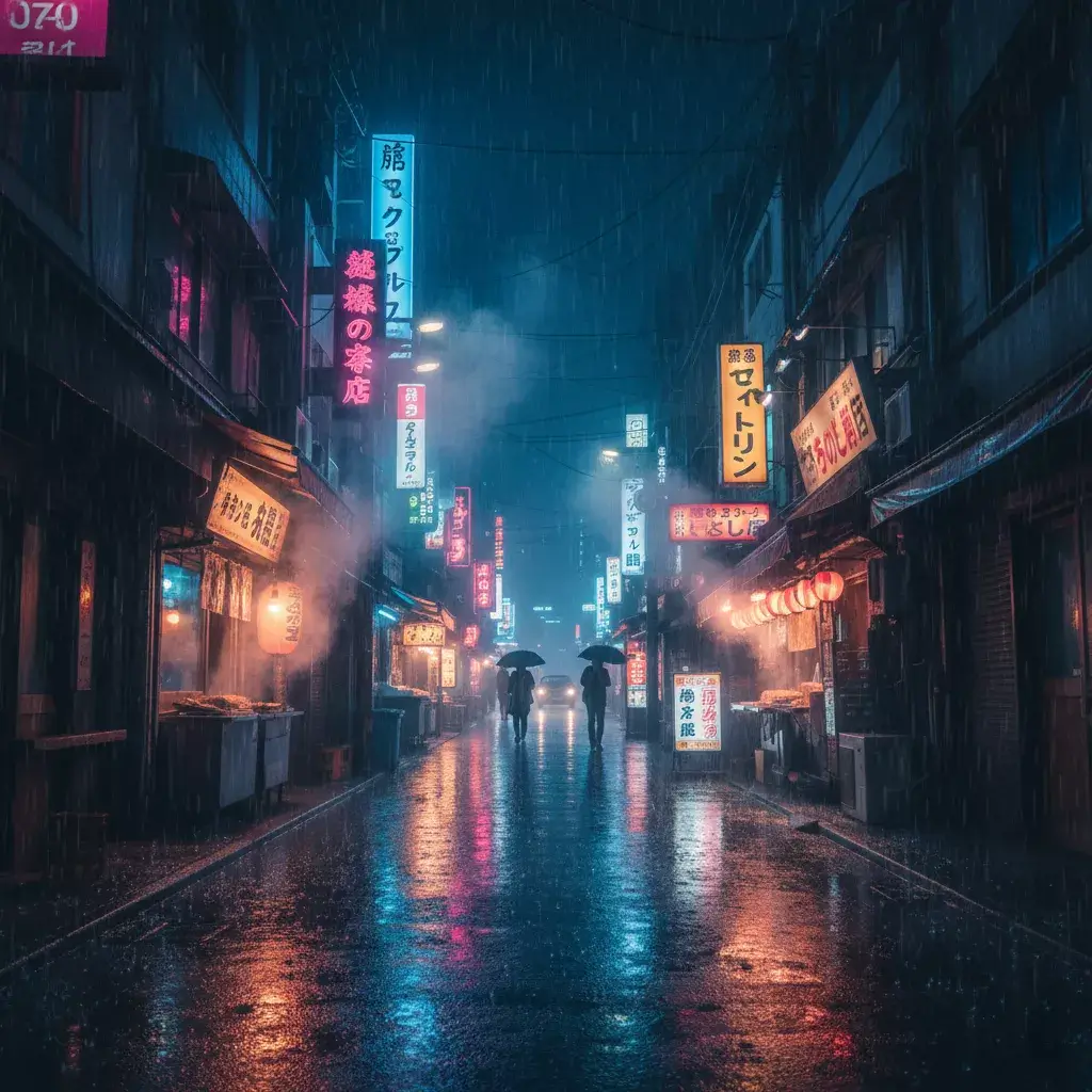 Atmospheric Tokyo alley at night during rain, neon signs, moody cinematic photography
