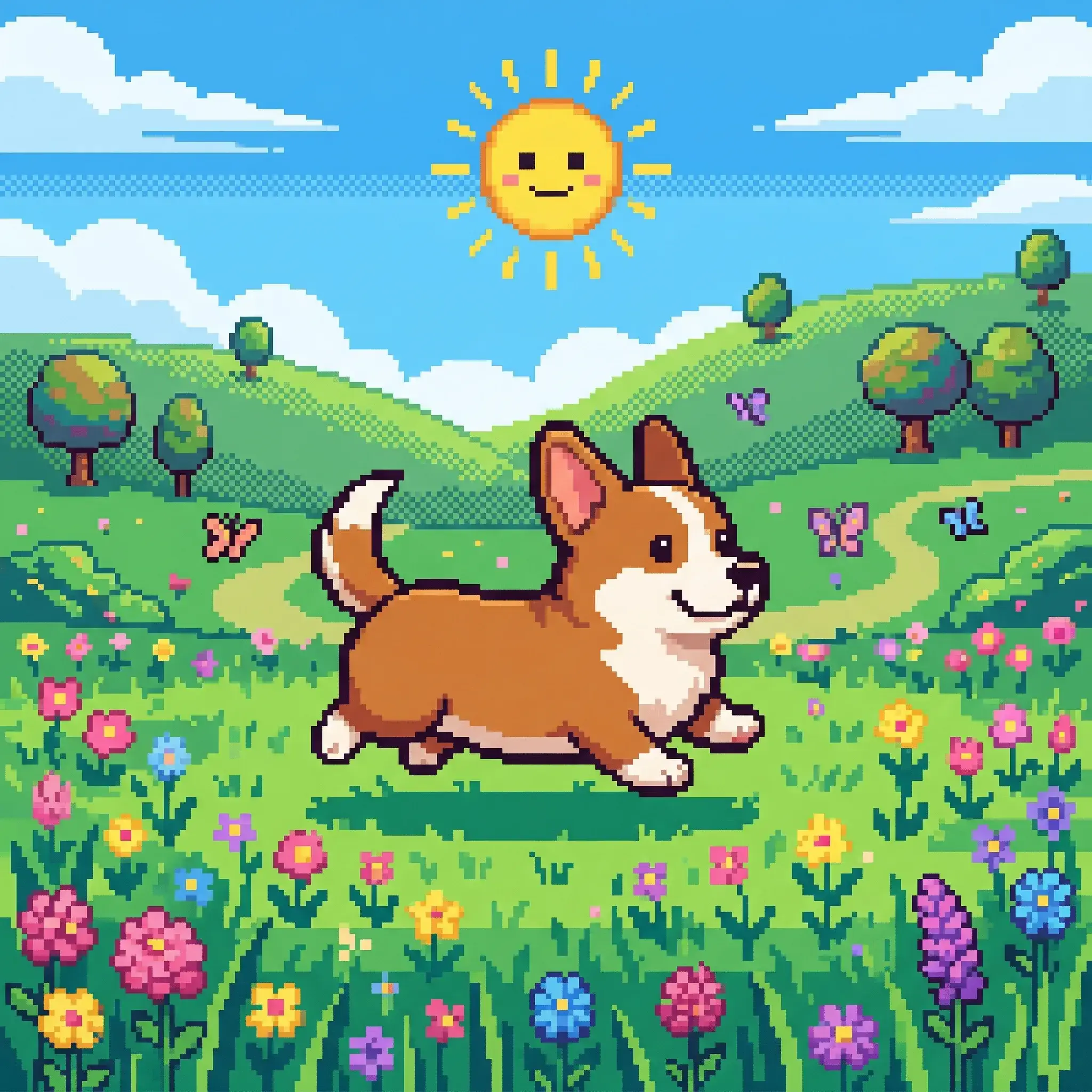 A cute corgi running in a green field, 16-bit retro pixel art style.