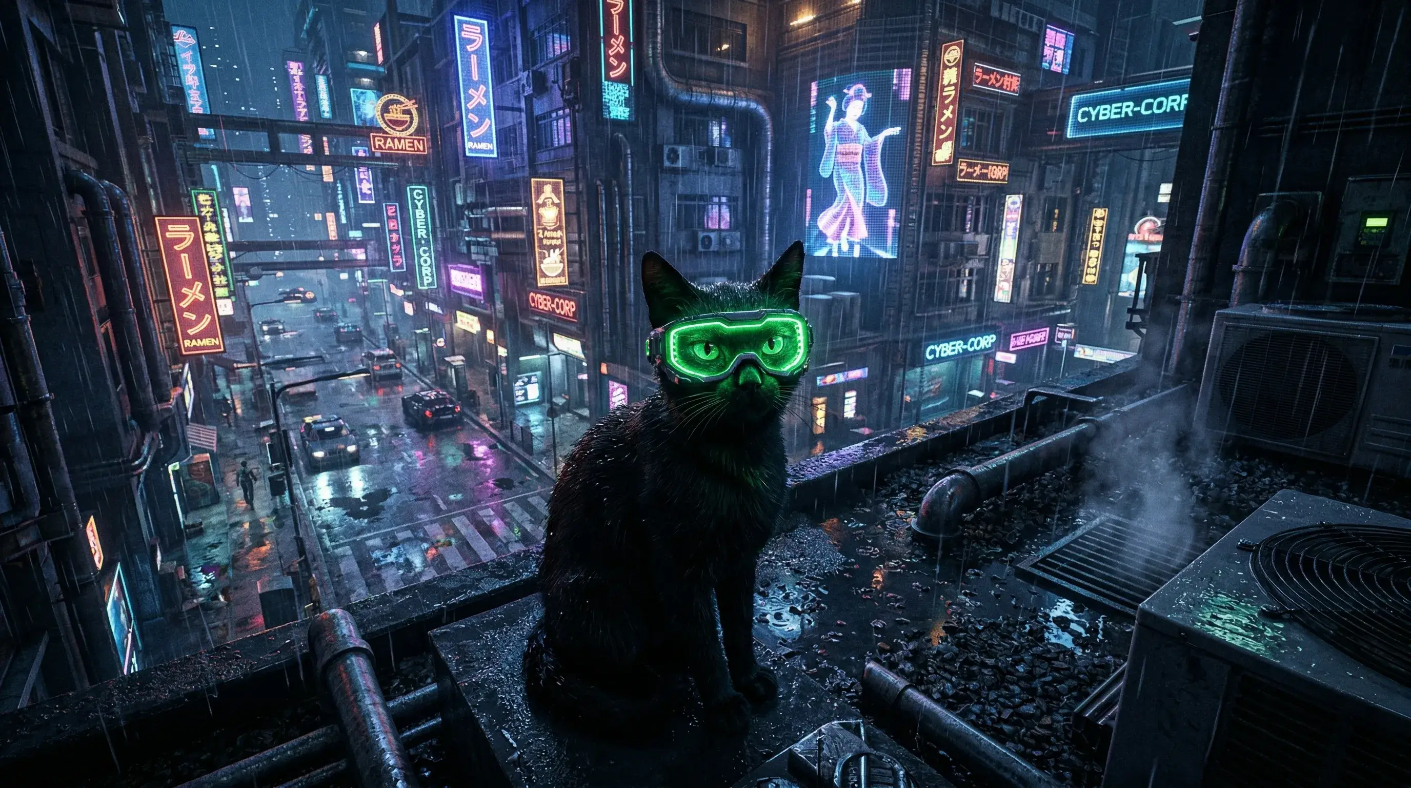 A sleek black cat in a cyberpunk city wearing neon glowing goggles, cinematic 4k.
