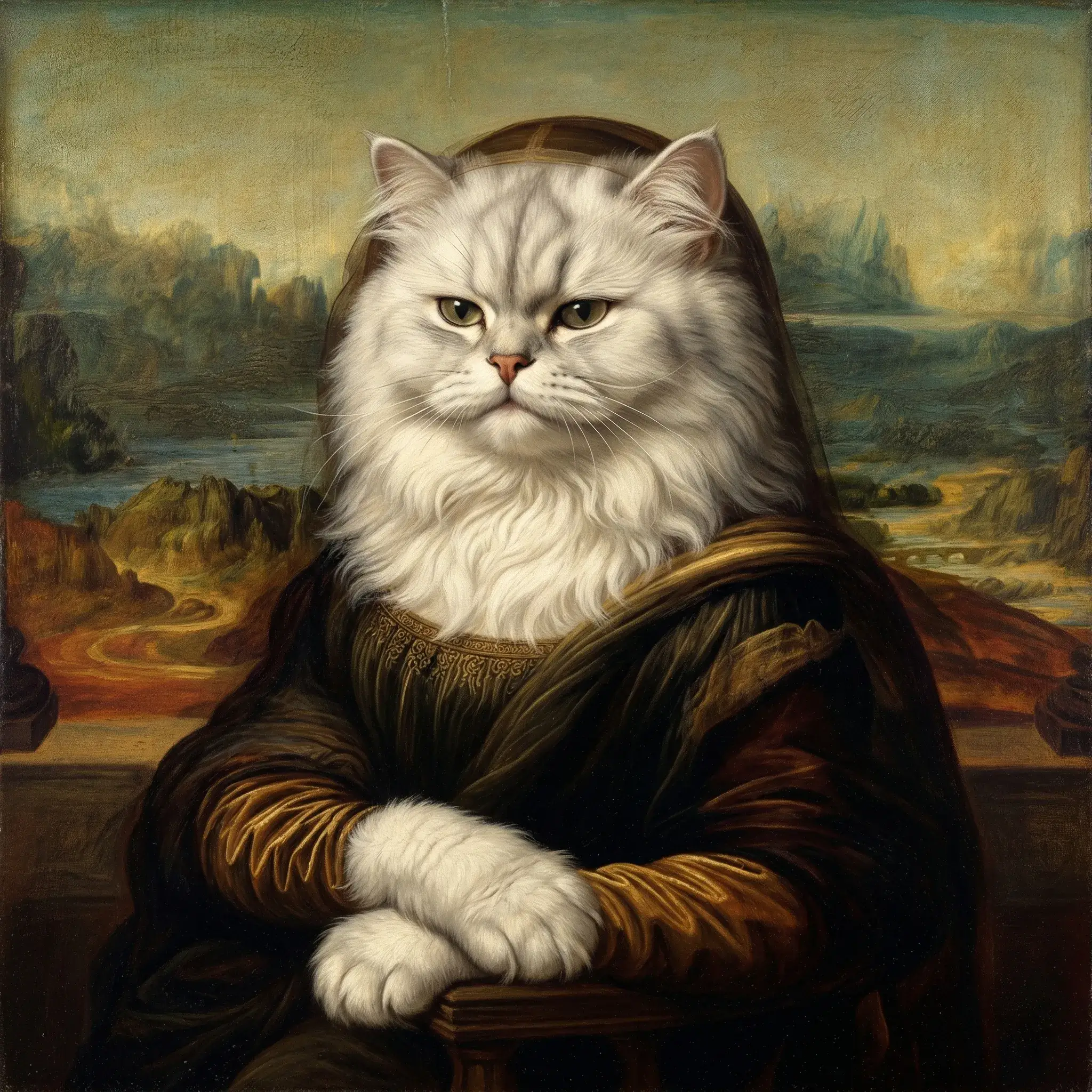 A fluffy Persian cat painted in the style of the Mona Lisa, Renaissance art.