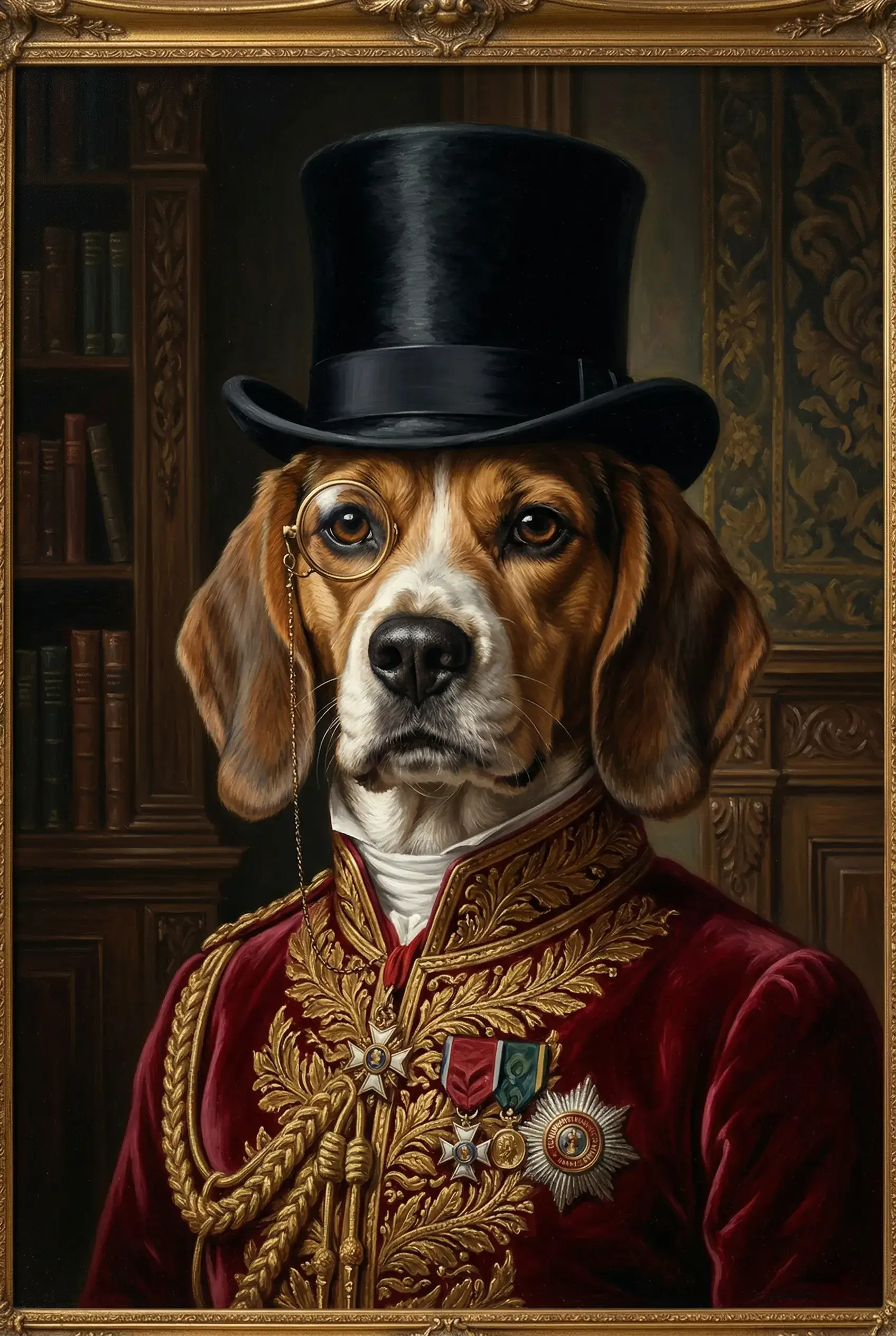 A majestic beagle dressed as a Victorian duke with a monocle and top hat, classic oil painting.