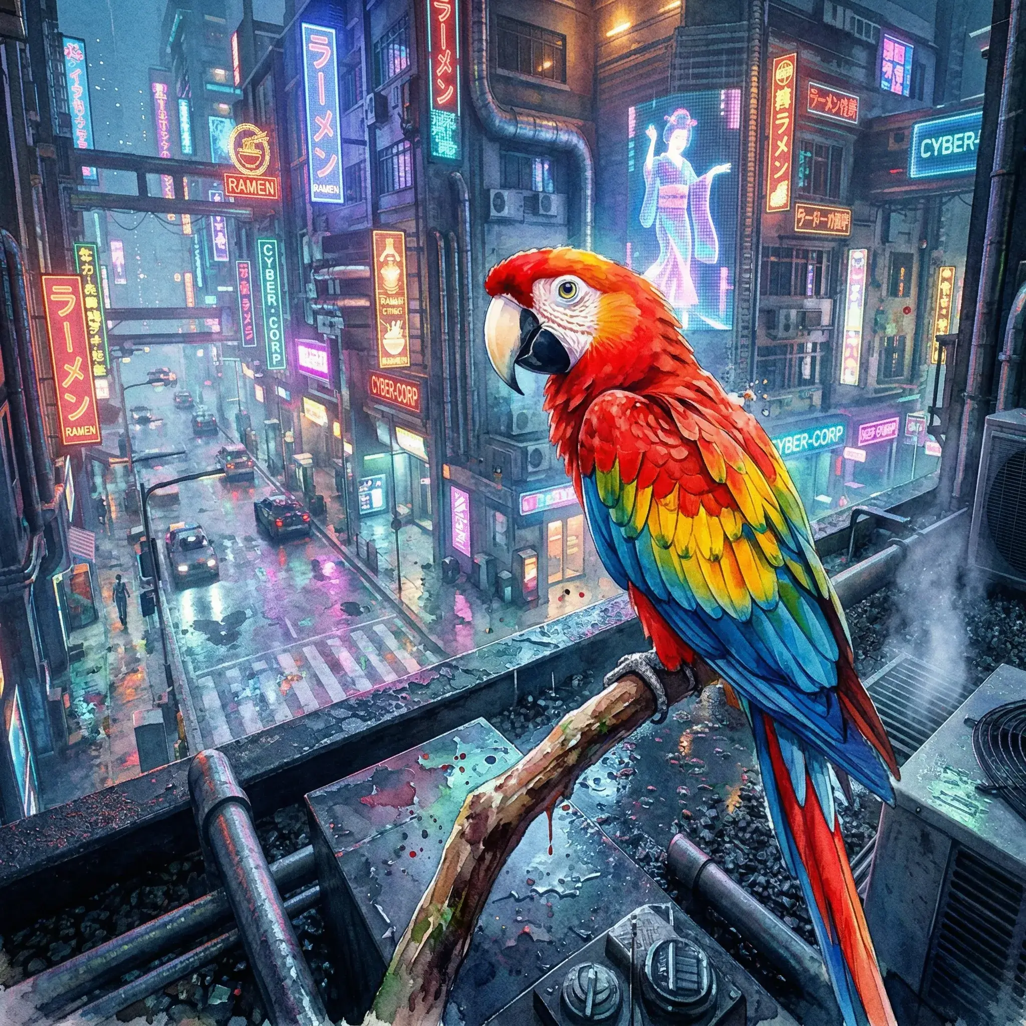 A colorful parrot in a tropical jungle, soft watercolor painting style, vibrant.