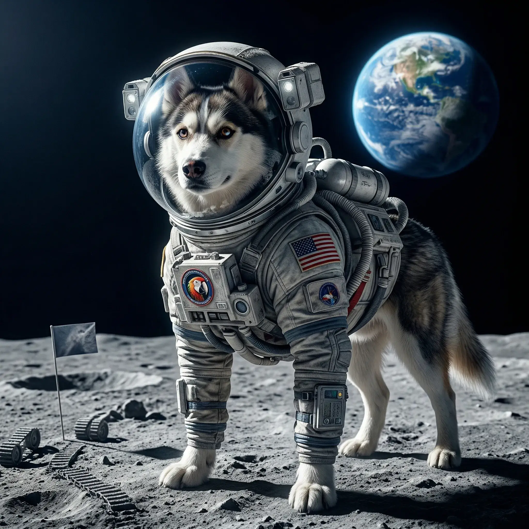 A brave husky dog wearing an astronaut suit on the moon, looking at Earth, hyper-realistic.