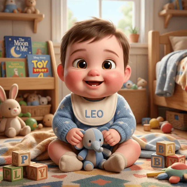 Transform this baby photo into an adorable Pixar 3D animated character with chubby cheeks and sparkly eyes.