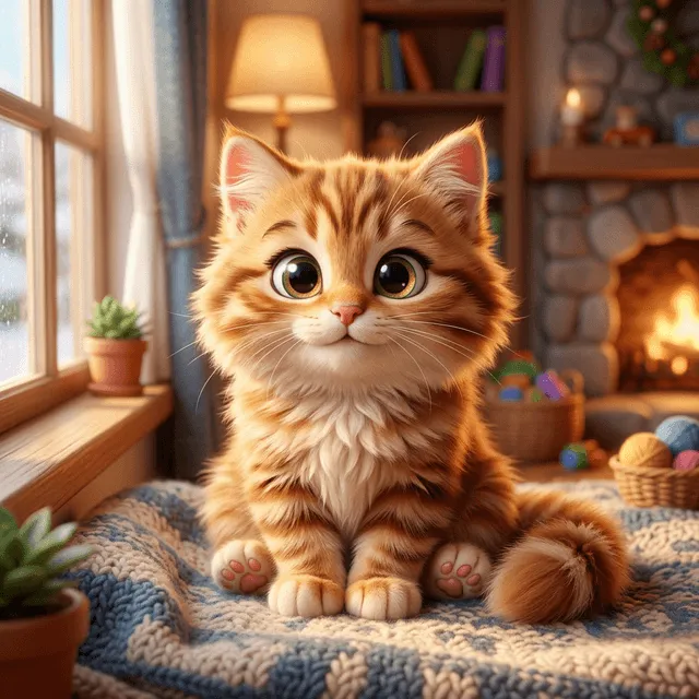 Turn this cat into a fluffy, adorable Pixar animated character with big shiny eyes and soft fur texture.