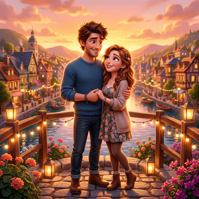 Transform this couple photo into a Pixar animated style portrait with warm lighting and vibrant colors.
