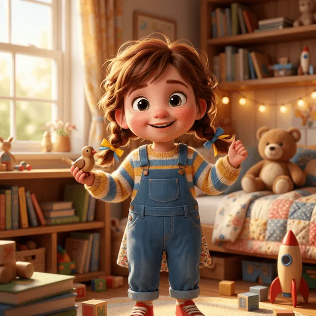 Transform this girl into a Pixar animated character with big expressive eyes, rosy cheeks, and warm Pixar lighting.