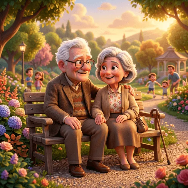 A sweet elderly grandparent couple as Pixar 3D animated characters, sitting on a bench together with warm lighting.