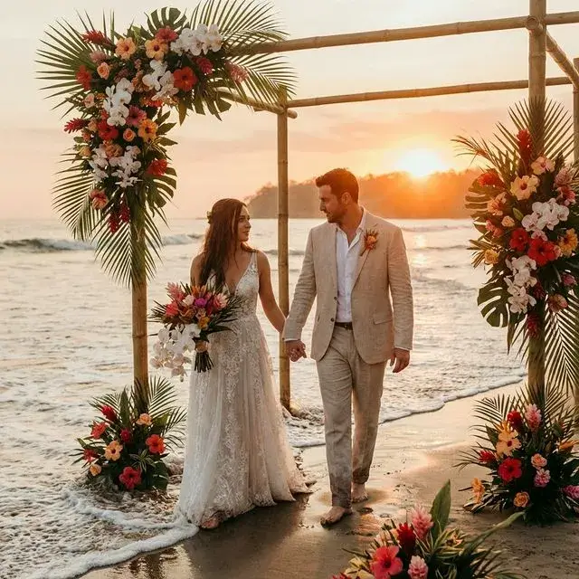 Dreamy beach wedding at sunset, couple walking barefoot, tropical flowers, golden light