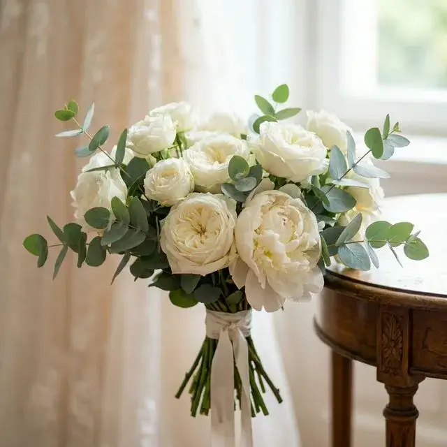 Stunning bridal bouquet with white roses, peonies, soft natural light, romantic detail shot