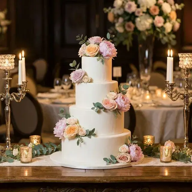 Elegant multi-tier white wedding cake with fresh flowers, roses and peonies, candlelight reception