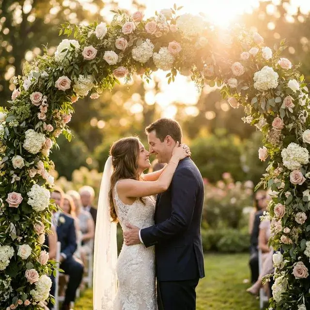Beautiful outdoor garden wedding ceremony, golden hour sunset, flower arch, romantic atmosphere