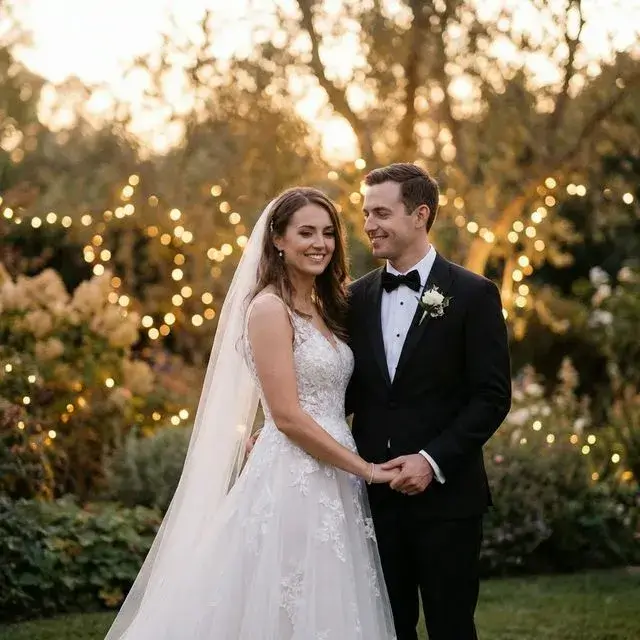 Elegant wedding couple portrait, soft romantic lighting, fairy lights background, dreamy and ethereal
