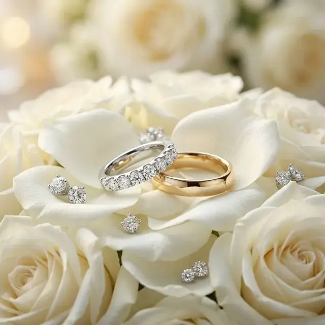 Elegant wedding rings on white roses, sparkling diamonds, macro photography, romantic