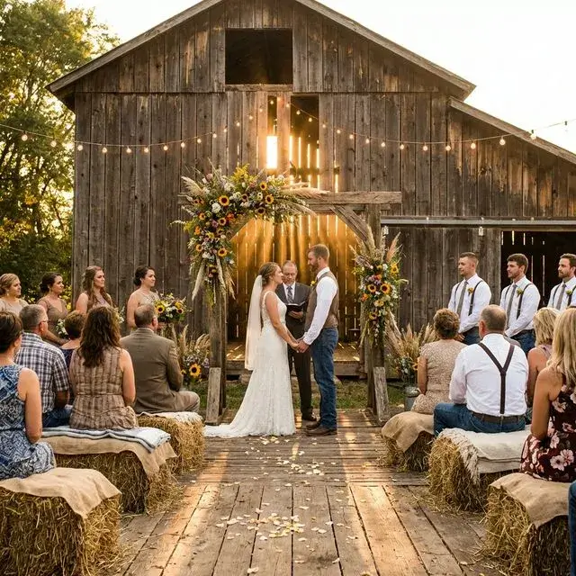 Rustic barn wedding ceremony with string lights, wildflower arch, golden hour, country style