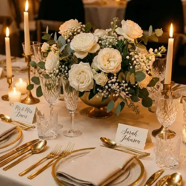 Luxury wedding table setting, white roses centerpiece, gold cutlery, crystal glasses, candles