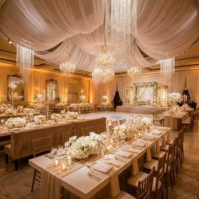 Luxury wedding reception hall, crystal chandeliers, candles, white flowers, warm ambient lighting