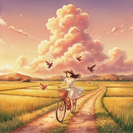 A serene anime-style sunset landscape featuring a girl on a bicycle in rural rice fields, with the sky glowing in vibrant orange and purple hues and long shadows over the countryside