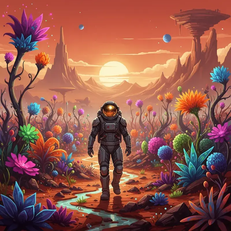 A vibrant anime-style illustration of an astronaut walking through a field of colorful, exotic alien flowers on a desert planet under a bright glowing sunset with floating mountains in the background.