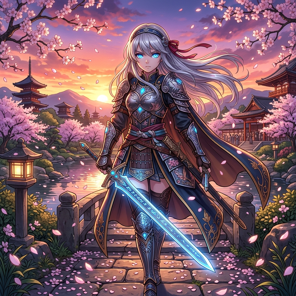 Anime warrior girl with silver hair under cherry blossoms at sunset — Nano Banana AI anime art