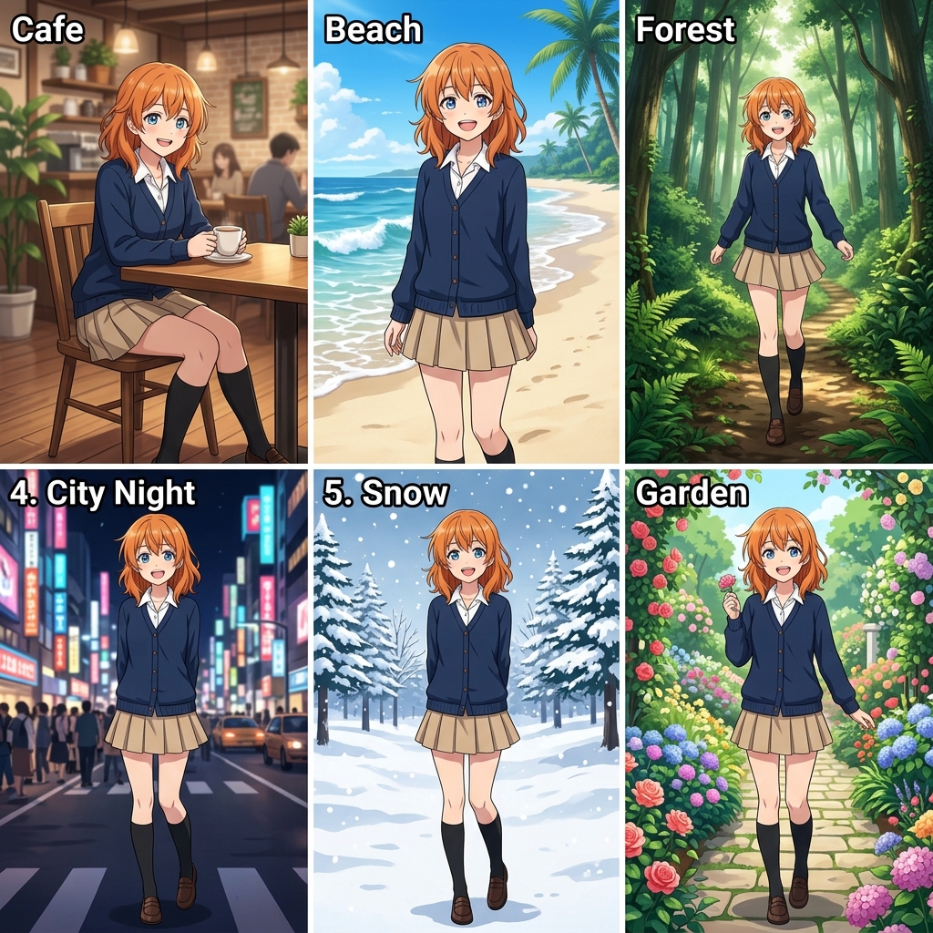 Anime girl with orange hair shown across 6 different scenes — character consistency by Nano Banana AI