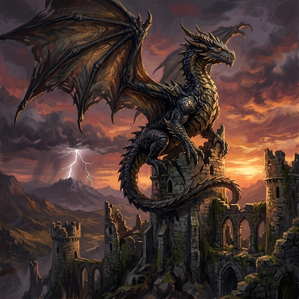 Dark fantasy dragon spreading wings under a stormy lightning sky — concept art by Nano Banana AI