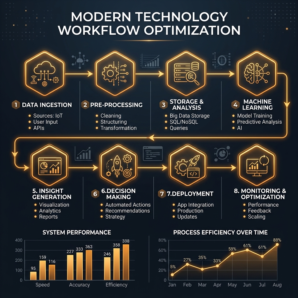 Technology workflow optimization flowchart with 8-step process — AI diagram by BanaGen