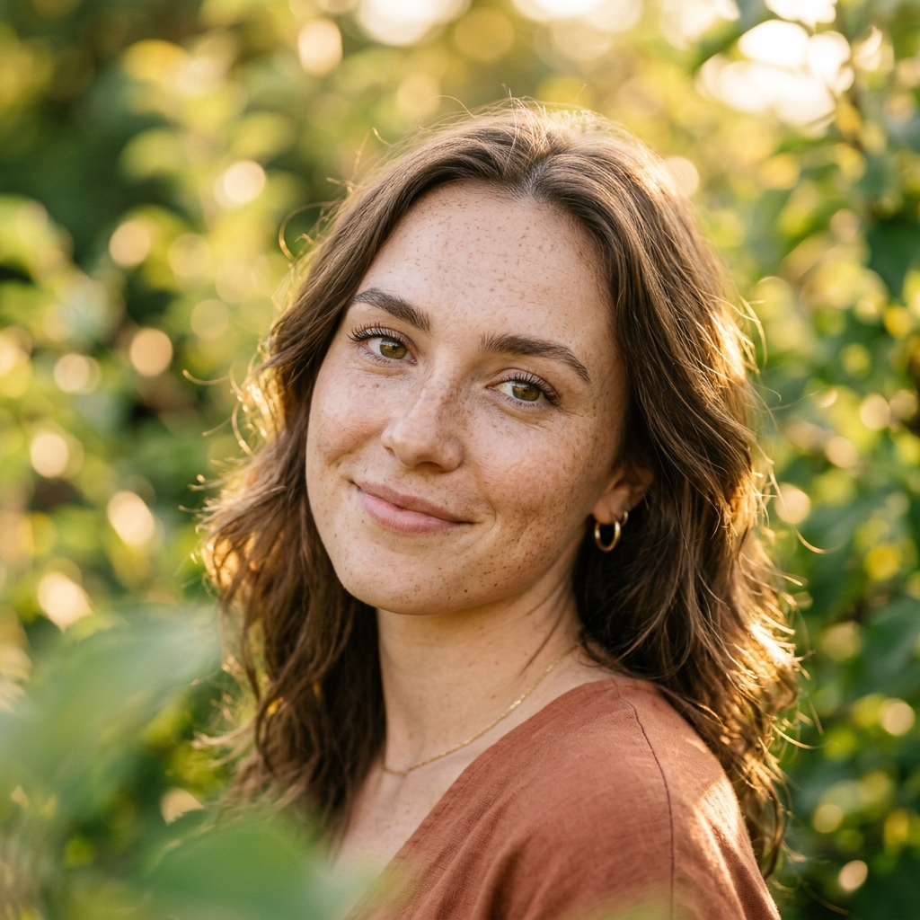 Photorealistic portrait of a smiling woman with curly hair outdoors — Nano Banana AI by BanaGen